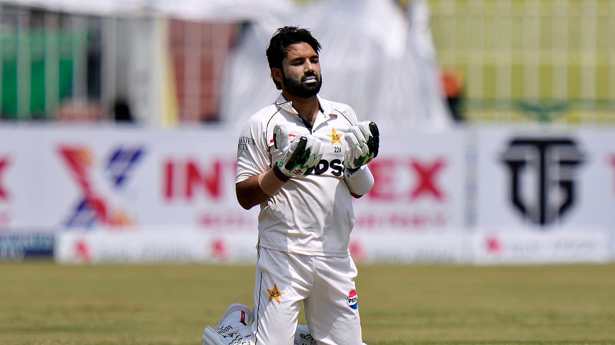 Pakistan's Mohammad Rizwan prays after scoring century during the second day of first cricket test match between Pakistan and Bangladesh, in Rawalpindi, Pakistan, Thursday, Aug. 22, 2024. - AP/Anjum Naveed