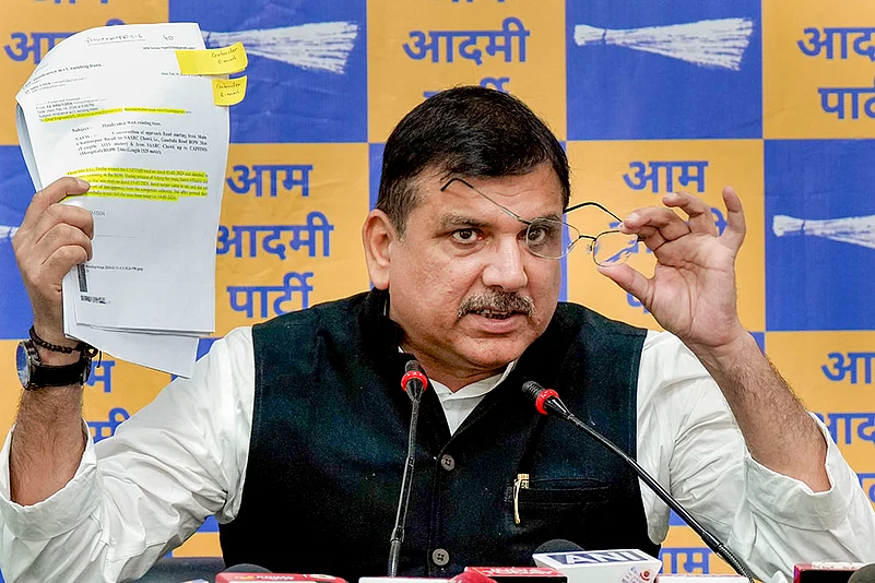 AAP MP Sanjay Singh addresses a press conference in Delhi