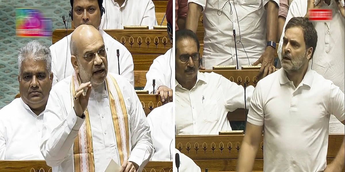 Union Home Minister Amit Shah and Leader of Opposition Rahul Gandhi in the Lok Sabha during Parliament session, in New Delhi, Monday, July 1, 2024