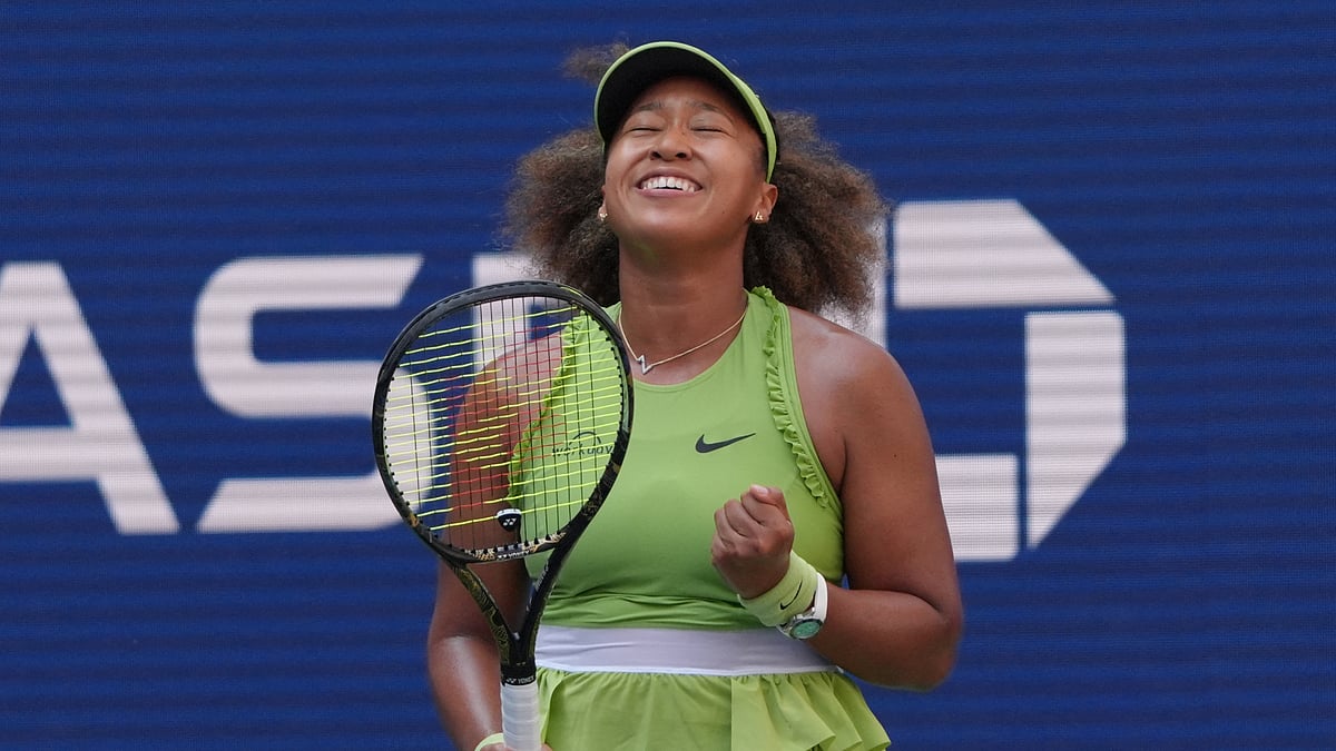 Naomi Osaka celebrates Tuesday's victory at the US Open