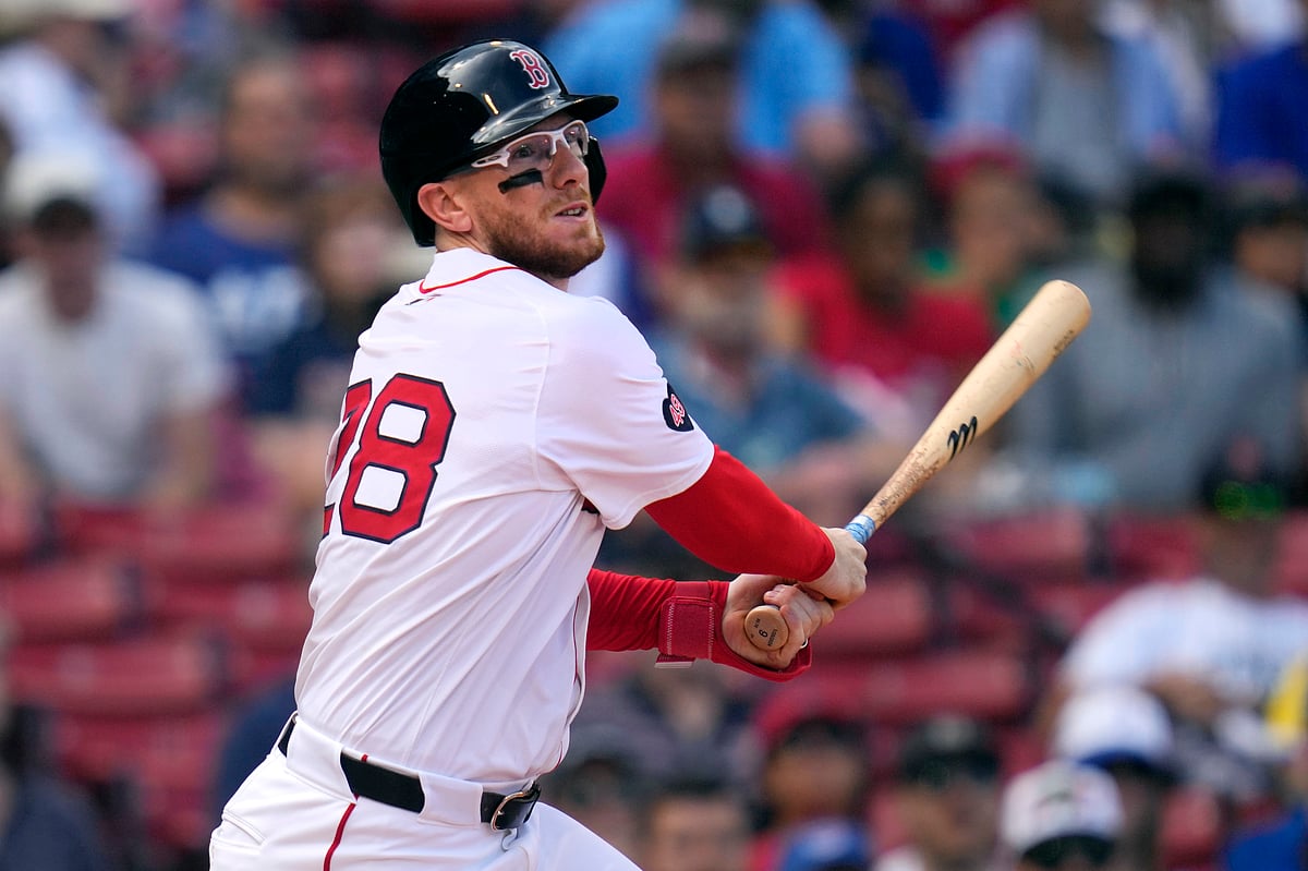 Boston Red Sox catcher Danny Jansen watches his line out during the resumption of the second inning of a baseball game against the Toronto Blue Jays, which was delayed due to rain in June, against the Toronto Blue Jays at Fenway Park, Monday, Aug. 26, 2024, in Boston. Jansen, who was traded by the Blue Jays to the Red Sox on July 27th, became the first major league player to appear in the same game for both teams. 

 - (AP Photo/Charles Krupa)
