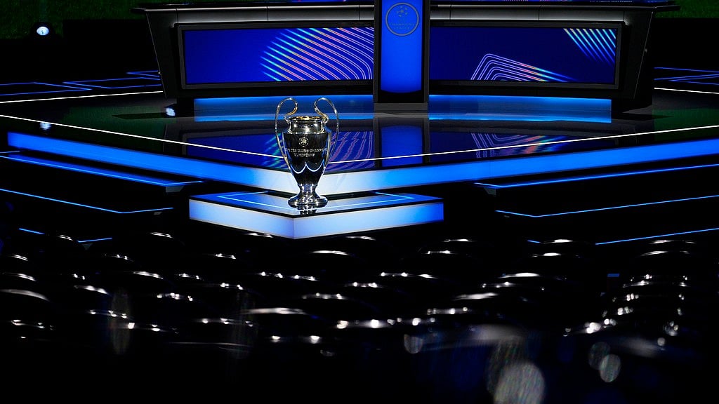 The trophy is displayed in the hall ahead of the Champions League, league phase, draw, in Monaco. - AP