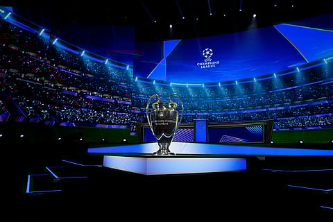 The trophy is displayed in the hall ahead of the Champions League, league phase, draw, in Monaco.