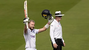 Gus Atkinson celebrates his maiden Test century