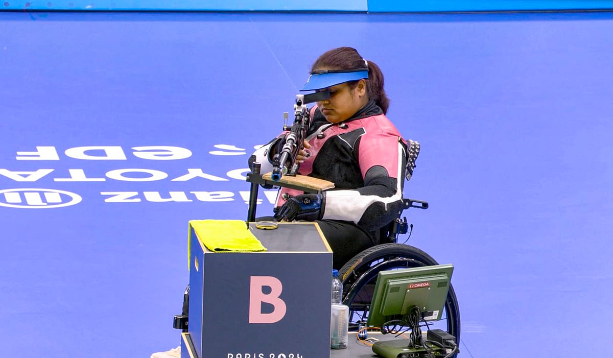 PTI : Mona Agarwal during her shooting event at the Paris Paralympics.