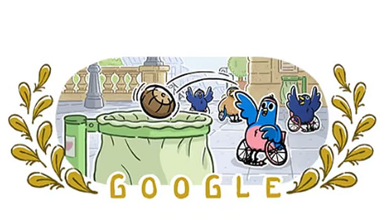 Google : Google Doodle of wheelchair basketball at Paris Paralympics.