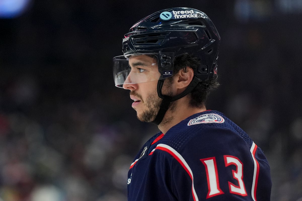 FILE - Columbus Blue Jackets' Johnny Gaudreau (13) awaits the face-off during an NHL hockey game against the Nashville Predators, March 9, 2024, in Columbus, Ohio. -  (AP Photo/Aaron Doster, File)