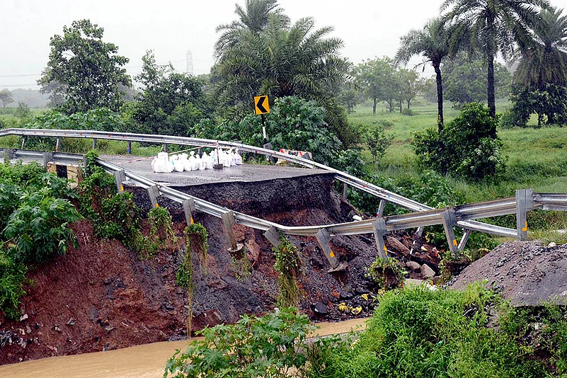 A portion of a road washed-away in Ranchi