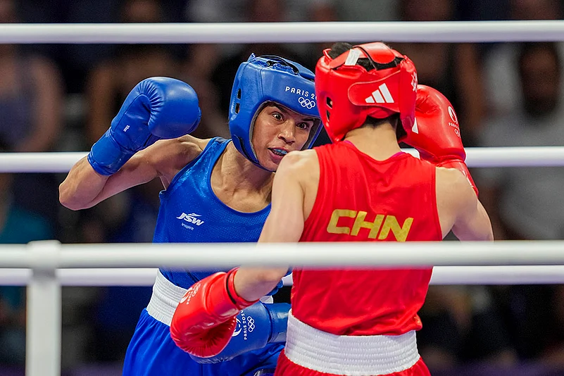 Nikhat Zareen and Chinas Wu Yu during their women’s 50kg boxing match