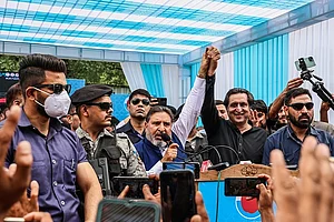 (Photo by Nasir Kachroo/NurPhoto via Getty Images) : Apni Party president Syed Altaf Bukhari is taking part in a rally organized by People's Conference Chief Sajad Lone ahead of parliamentary elections in Baramulla, Jammu and Kashmir, India, on May 16, 2024