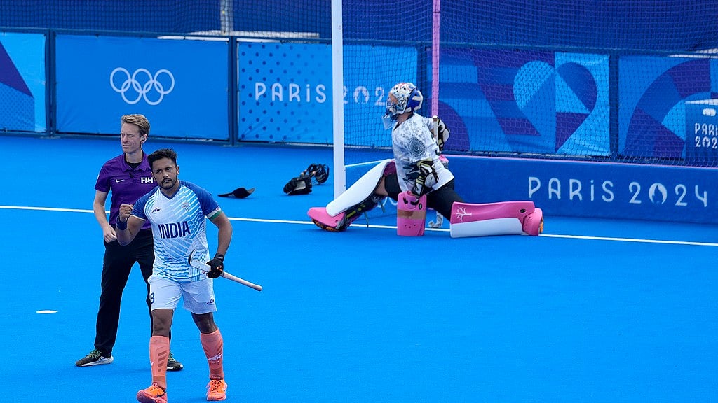 Harmanpreet Singh converts a penalty stroke during the India vs Australia, Paris Olympic Games 2024 hockey match on Friday (August 1). - AP