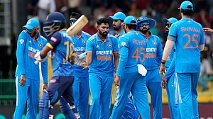 AP : Mohammed Siraj celebrates an early wicket in the first ODI against Sri Lanka