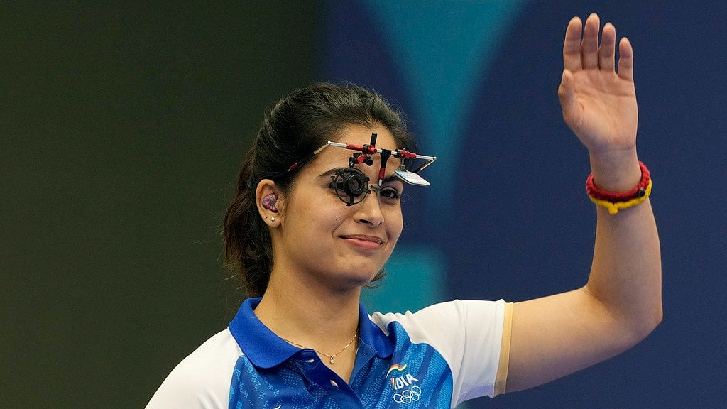 AP/Manish Swarup : India's Manu Bhaker in action at the women's 25m pistol final of Paris Olympic Games.