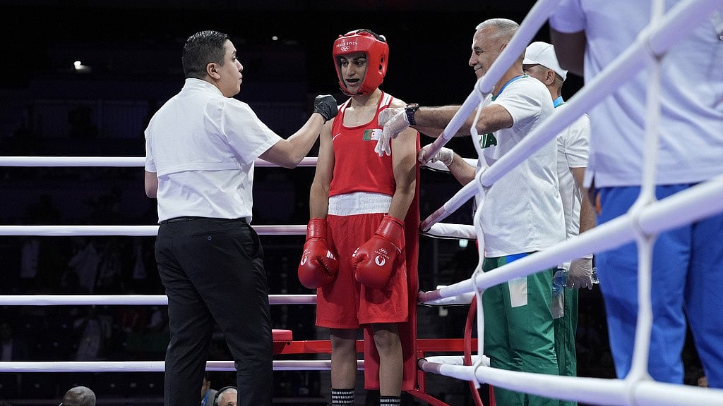 AP : Algeria's Imane Khelif in action during her bout against Italy's Angela Carini in the women's 66kg event of Paris Olympics. 
