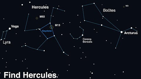 A conceptual image of how to find Hercules and the “Northern Crown” in the night sky, created using planetarium software.
