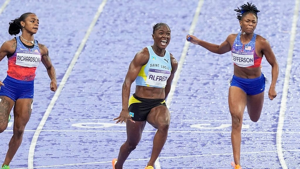Julien Alfred, Womens 100m Race, Paris Olympics 2024, AP Photo