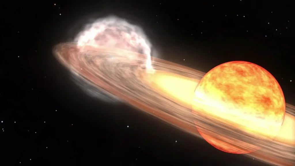 NASA : A red giant star and white dwarf orbit each other in this animation of a nova similar to T Coronae Borealis. 