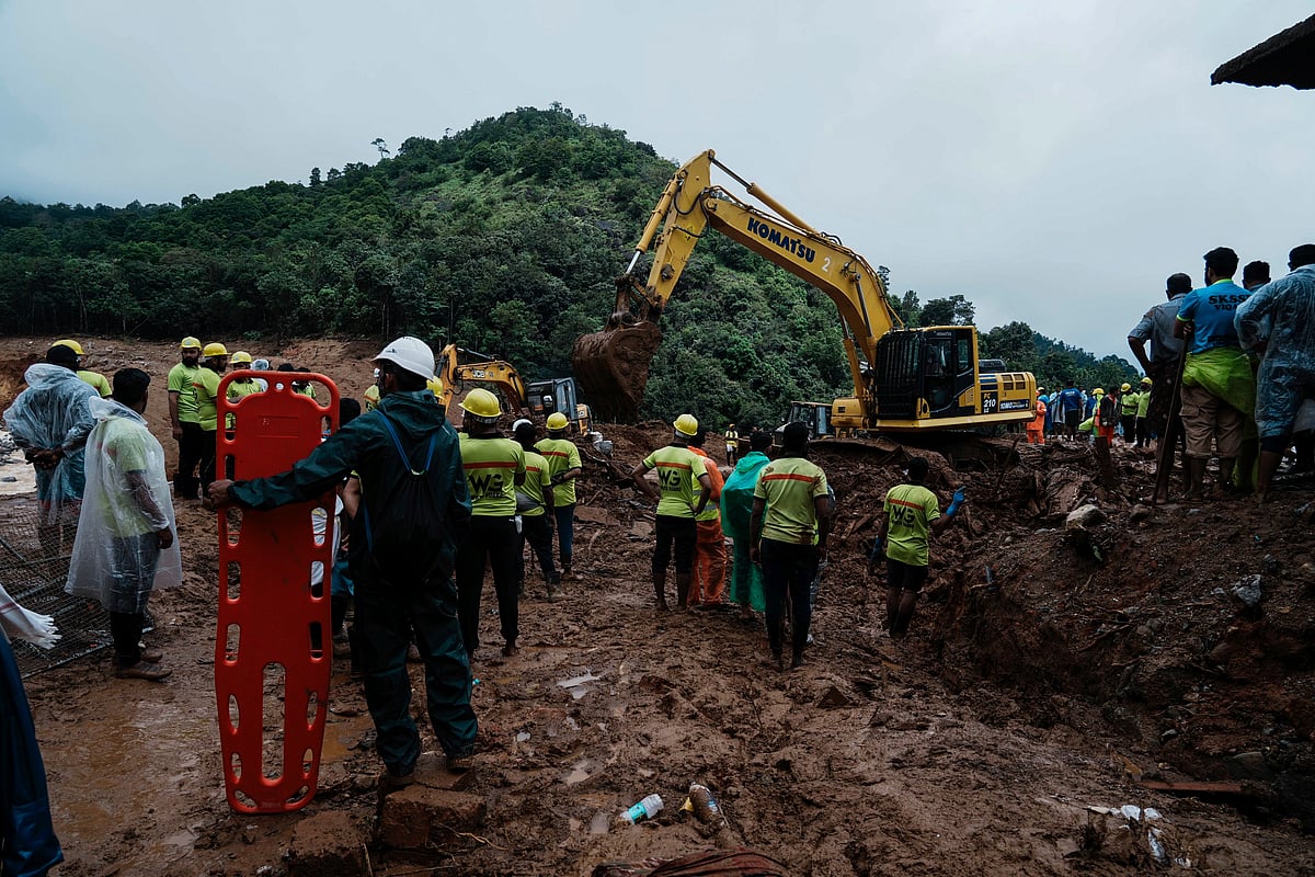 Rescuers search through mud and debris for a third day after landslides set off by torrential rains in Wayanad district, Kerala, Aug 1, 2024.  - AP
