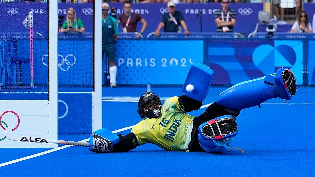 India's goalkeeper PR Sreejesh in action in the quarter-final against GB at Paris Olympics. - AP/Anjum Naveed