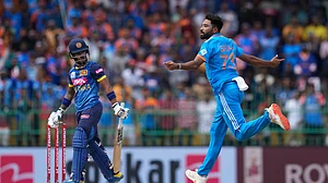AP Photo/Eranga Jayawardena : India's Mohammed Siraj celebrates the wicket of Sri Lanka's Pathum Nissanka during the second ODI cricket match between Sri Lanka and India in Colombo.