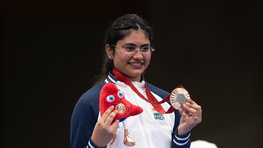PCI : Indian para-shooter Rubina Francis on the podium of the Women's 10m Air Pistol SH1 P2 at the Paris Paralympics 2024 on August 31, Saturday. 