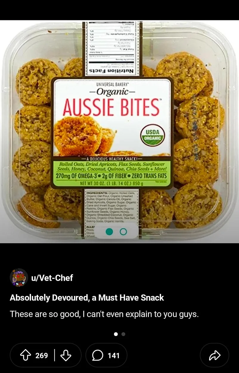Reddit post about Organic Aussie Bites
