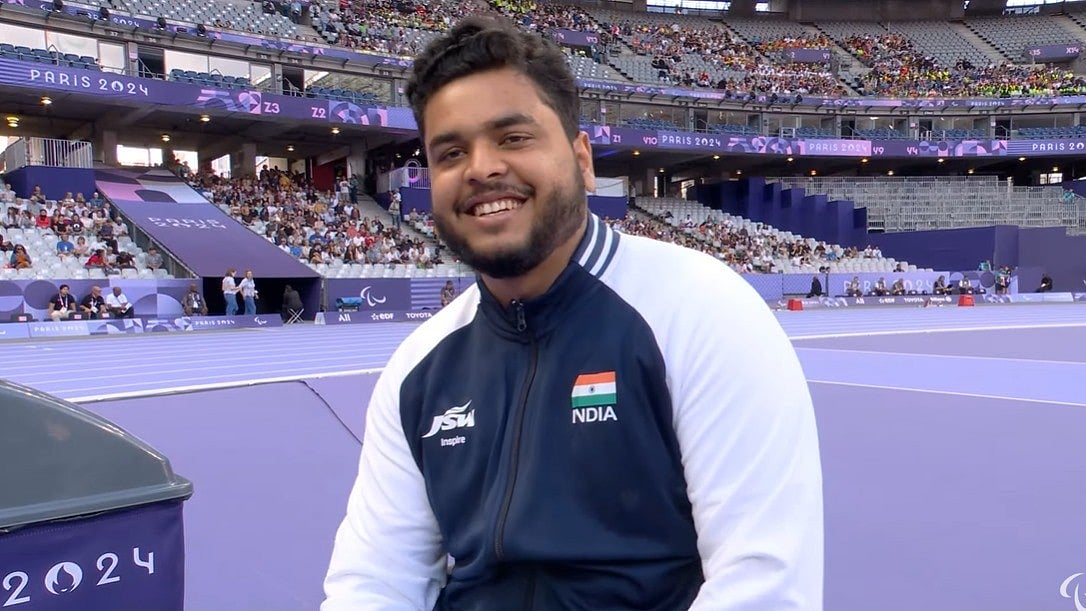 Screengrab/Paralympics YouTube channel : Yogesh Kathuniya celebrates his silver medal in the men's discus throw F46 final at Paris Paralympic Games 2024.