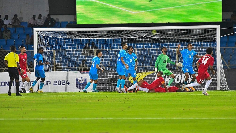 | Photo: PTI : India Vs Mauritius: Players during their Intercontinental Cup 2024 football match