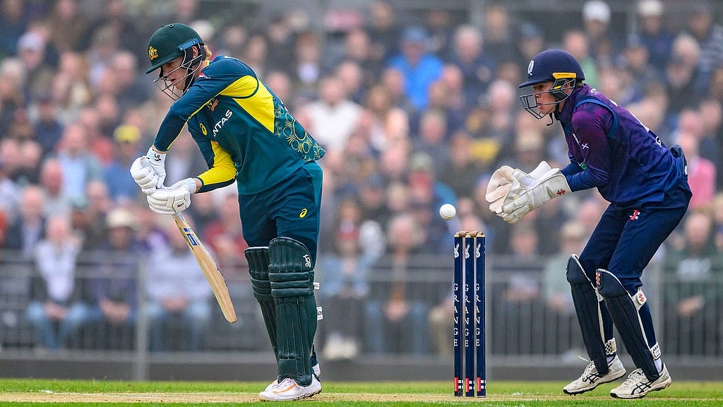 Jake Fraser-McGurk of Australia bats during the second T20 International match between Scotland and Australia at The Grange Club, Edinburgh, Scotland. - Malcolm Mackenzie/PA via AP
