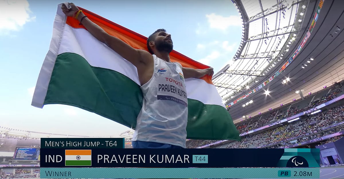 Screengrab : Praveen Kumar wins gold medal in High Jump T64 at Paris Paralympics.