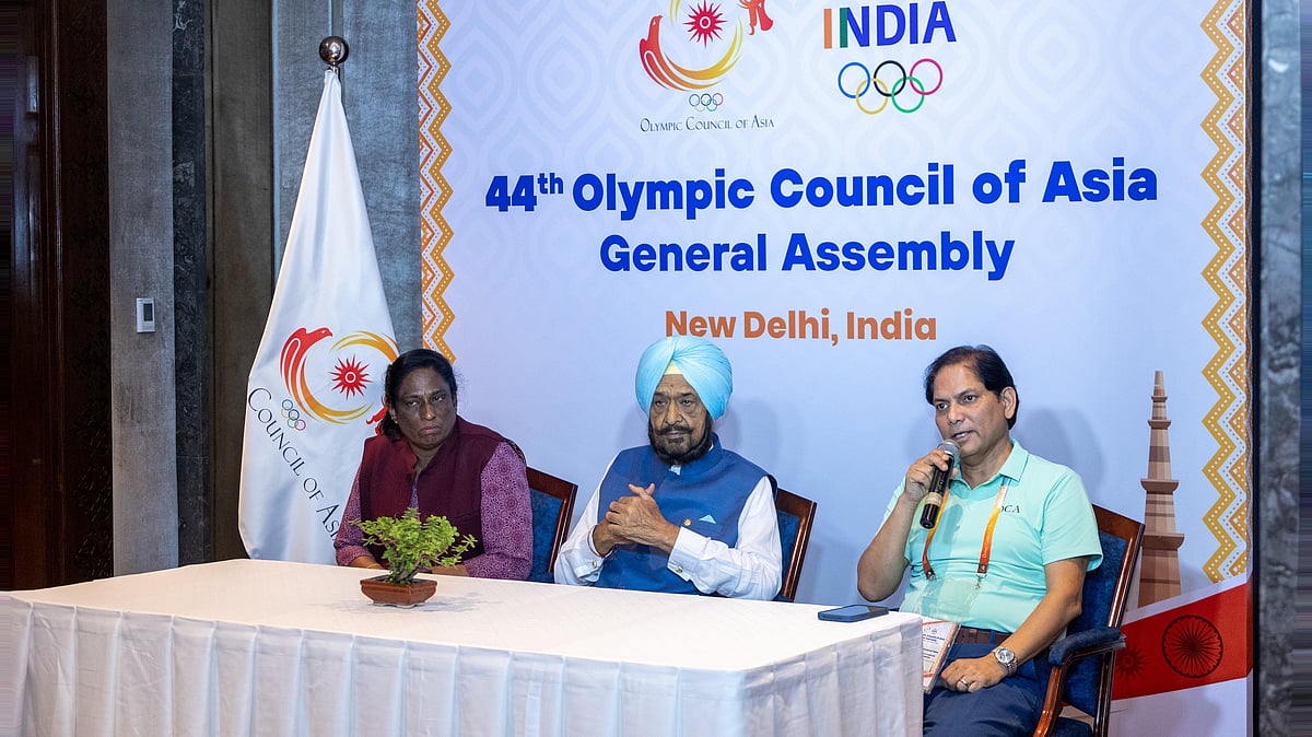 OCA : (L to R) Indian Olympic Association president PT Usha, Olympic Council of Asia acting president Raja Randhir Singh and OCA deputy director general Vinod Tiwari at a media interaction in Delhi on Thursday (September 5, 2024).