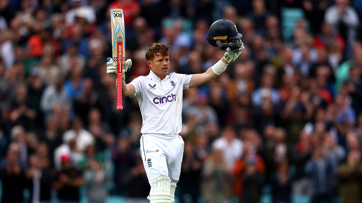 Ollie Pope celebrates after bringing up his Test century - null
