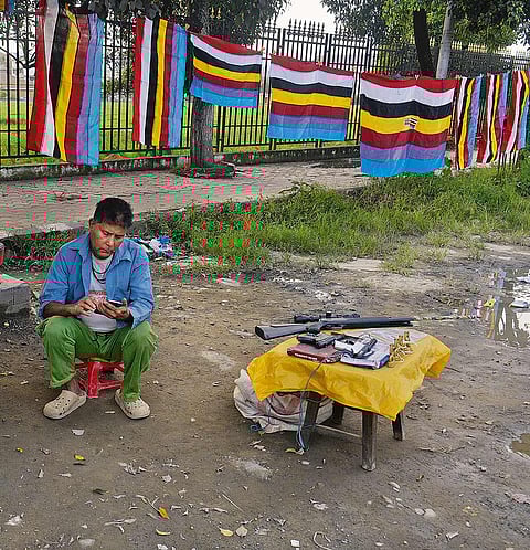 Kangleipak flags representing the old kingdom of Manipur being sold in Imphal