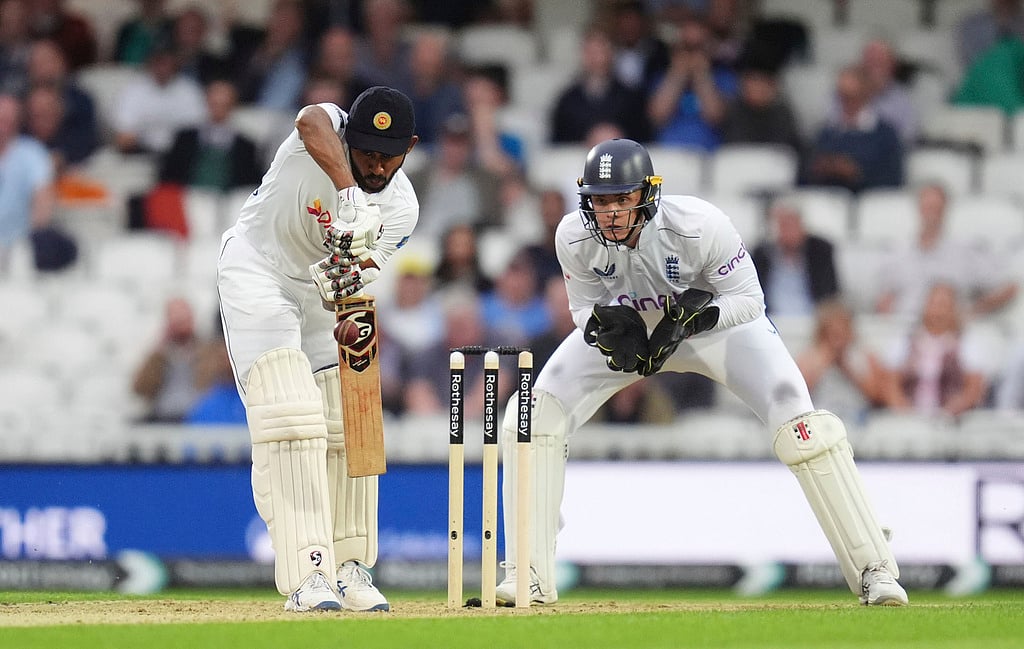 Sri Lanka's Kamindu Mendis bats during day two of the Third Rothesay Men's Test match between England and Sri Lanka in London, Saturday, Sept. 7, 2024. - PA via AP/John Walton