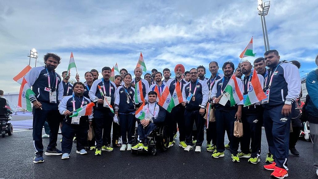 PCI  : Paris Paralympics Indian contingent at the Indira Gandhi International Airport Delhi. 