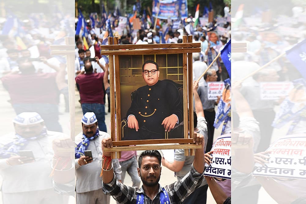 Photo: Sakib Ali/Hindustan Times via Getty Images : BSP workers take out protest march during Bharat Bandh against the Supreme Court's decision on creamy layer in Scheduled Caste and Scheduled Tribe reservation on Hapur road DM office in Ghaziabad.