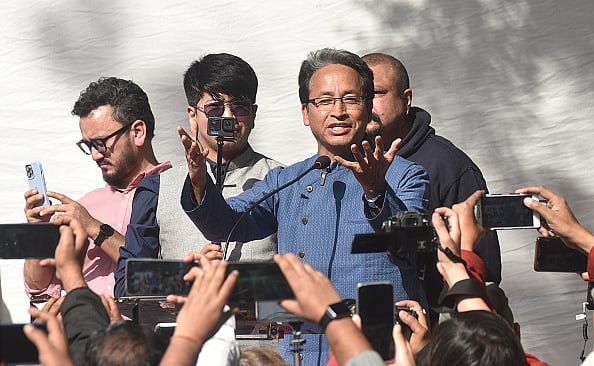  (Photo by Sonu Mehta via Getty Images) : Educationist Sonam Wangchuk And Other Activists Protest At Jantar Mantar Demanding Statehood For Ladakh