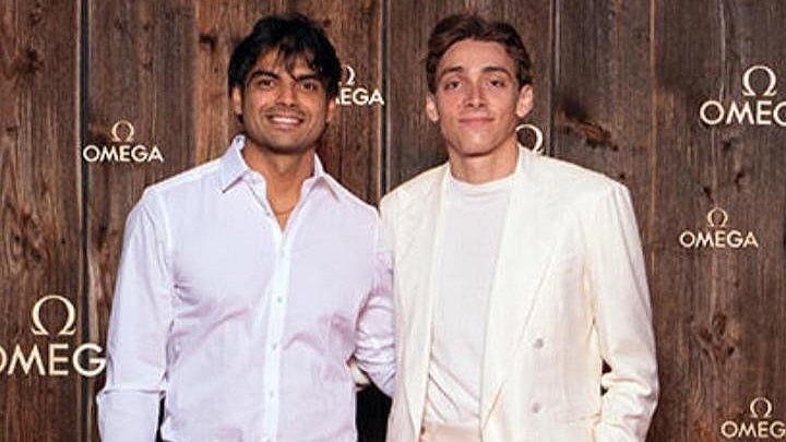 Neeraj Chopra and Armand Duplantis met at the European Masters golf tournament in Crans-Montana, Switzerland. - Omega Watches website