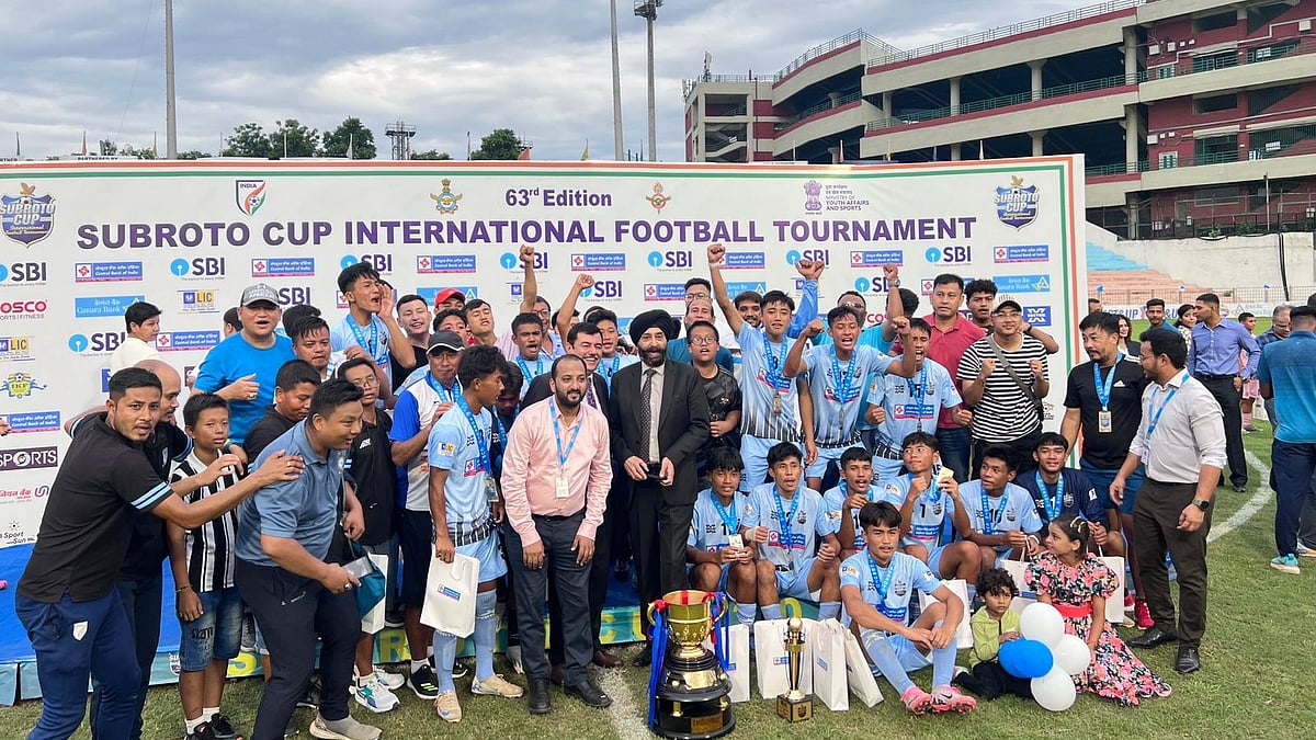 Special Arrangement : Manipur's TG English School celebrates after winning the Subroto Cup 2024 title in New Delhi on Wednesday (September 11, 2024).