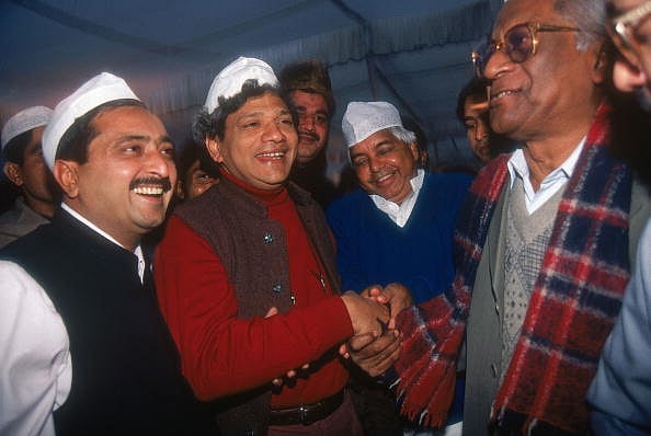 Sitaram Yechury with RJD leader Lalu Prasad Yadav and CPI leader AB Bardhan