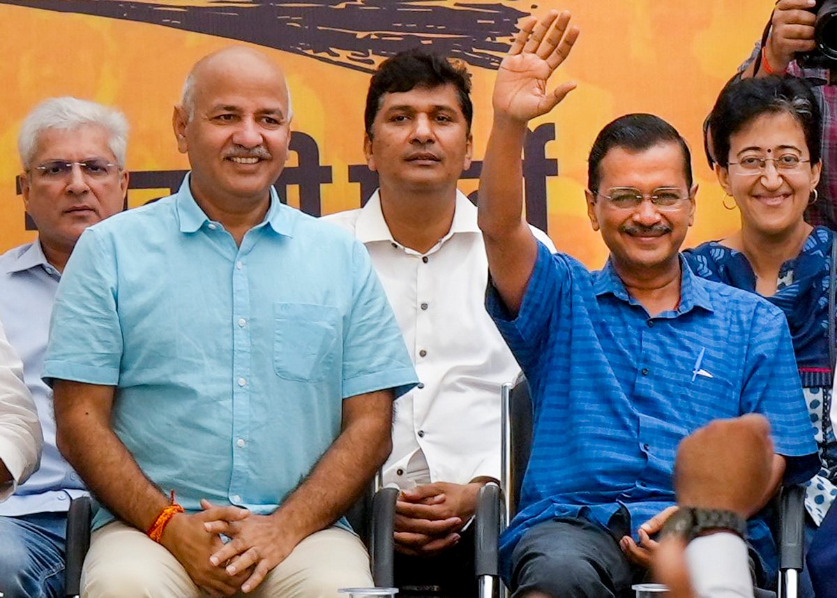 PTI : Delhi Chief Minister Arvind Kejriwal with former deputy chief minister Manish Sisodia and Delhi ministers Kailash Gahlot, Saurabh Bharadwaj and Atishi during AAP workers' meeting, in New Delhi, Sunday, Sept. 15, 2024. 