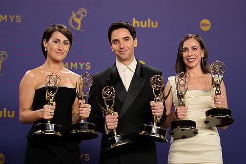 Emmy Awards 2024: Jen Statsky, from left, Paul W. Downs, and Lucia Aniello, winners of the awards for outstanding comedy series and outstanding writing for a comedy series for "Hacks,"