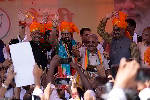 J&K Assembly Polls: Former union minster and star campaigner of BJP Anurag Thakur and Ram Madhav during a campaign rally