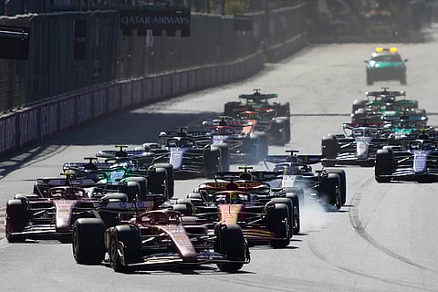 Azerbaijan GP 2024: Ferrari driver Charles Leclerc of Monaco leads at the start of race