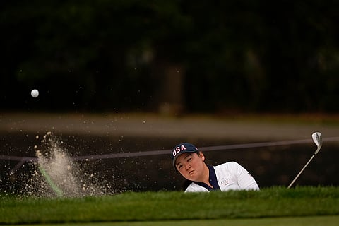Solheim Cup Golf, United States vs Europe: United States' Allisen Corpuz hits from a bunker to the sixth green