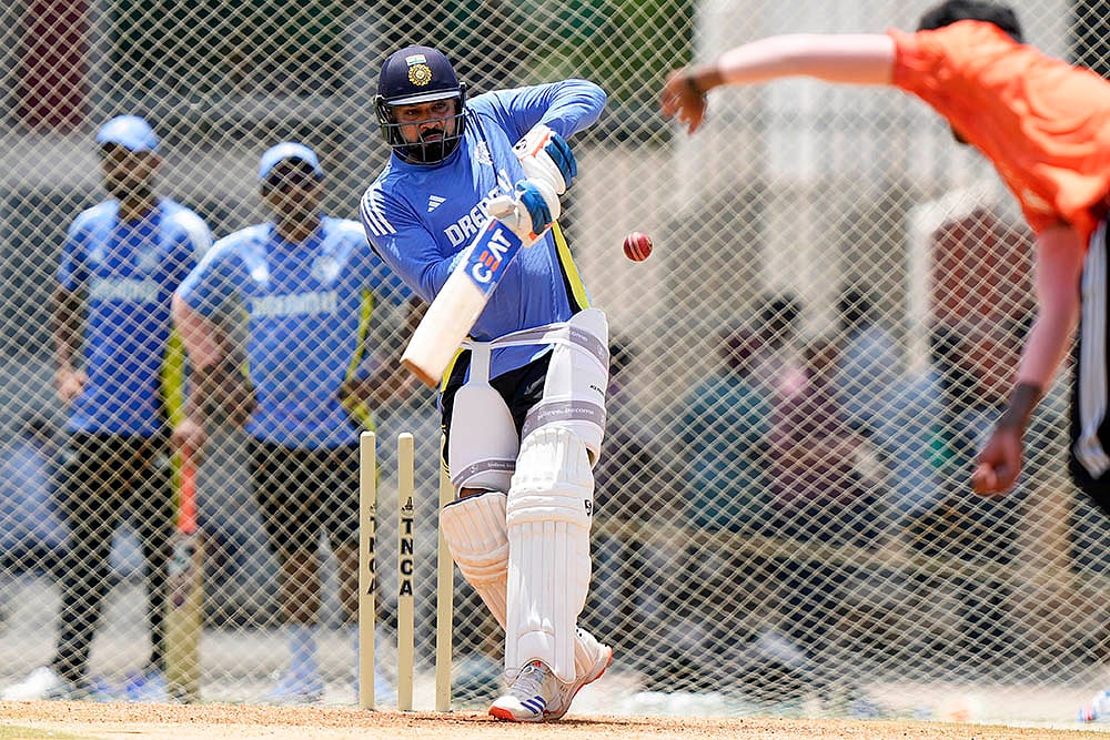 | Photo: AP/Mahesh Kumar A. : India vs Bangladesh Cricket: Captain Rohit Sharma bats in the nets during a training session