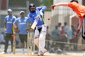 | Photo: AP/Mahesh Kumar A. : India vs Bangladesh Cricket: Captain Rohit Sharma bats in the nets during a training session