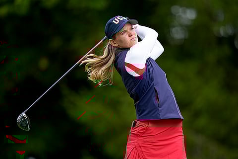 Solheim Cup Golf, United States vs Europe: United States' Sarah Schmelzel hits from the third tee