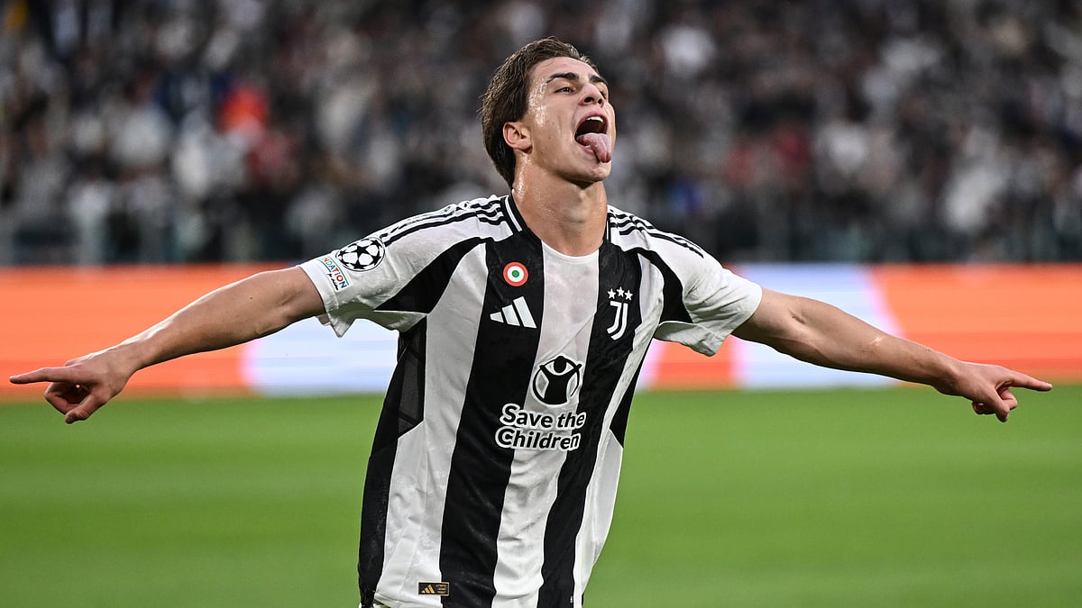 Kenan Yildiz celebrates after opening the scoring in Juventus' victory over PSV