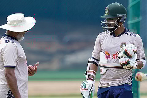India vs Bangladesh 1st Test: Bangladesh's captain Najmul Hossain Shanto, right, speaks with support staff during a training session